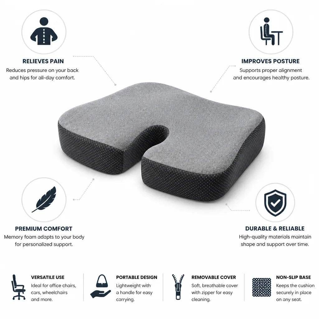 Seat Cushion Memory Foam Ergonomic Back & Hip Support