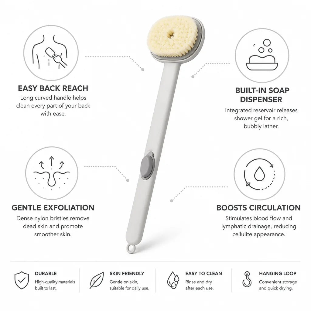 Shower Brush Long Curved Handle Built-In Soap Dispenser