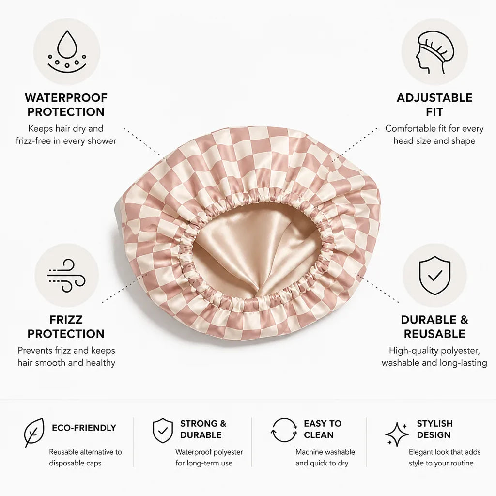 Shower Cap Waterproof Adjustable Fit Frizz Protection