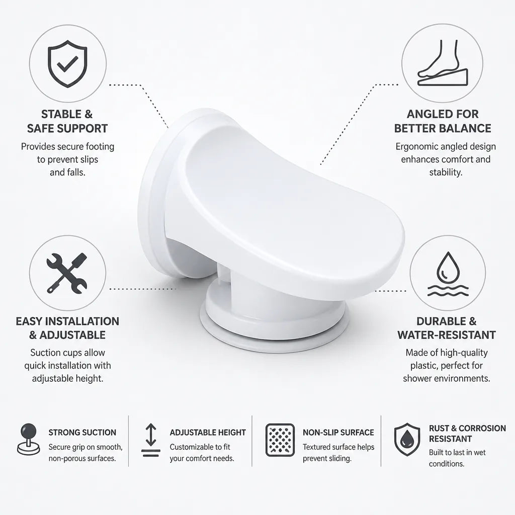 Shower Footrest Angled Non-Slip Suction Mount & Adjustable Height