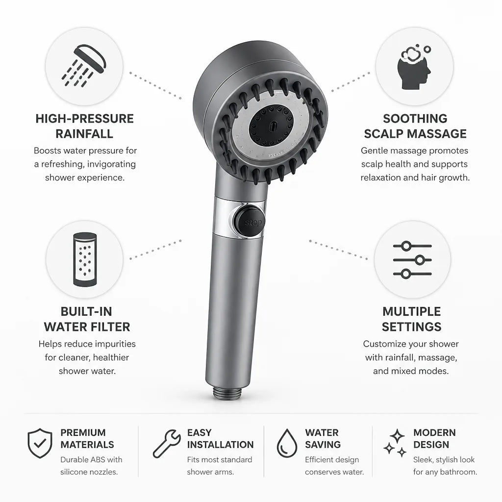 Showerhead High-Pressure Rainfall & Massage With Built-In Filter