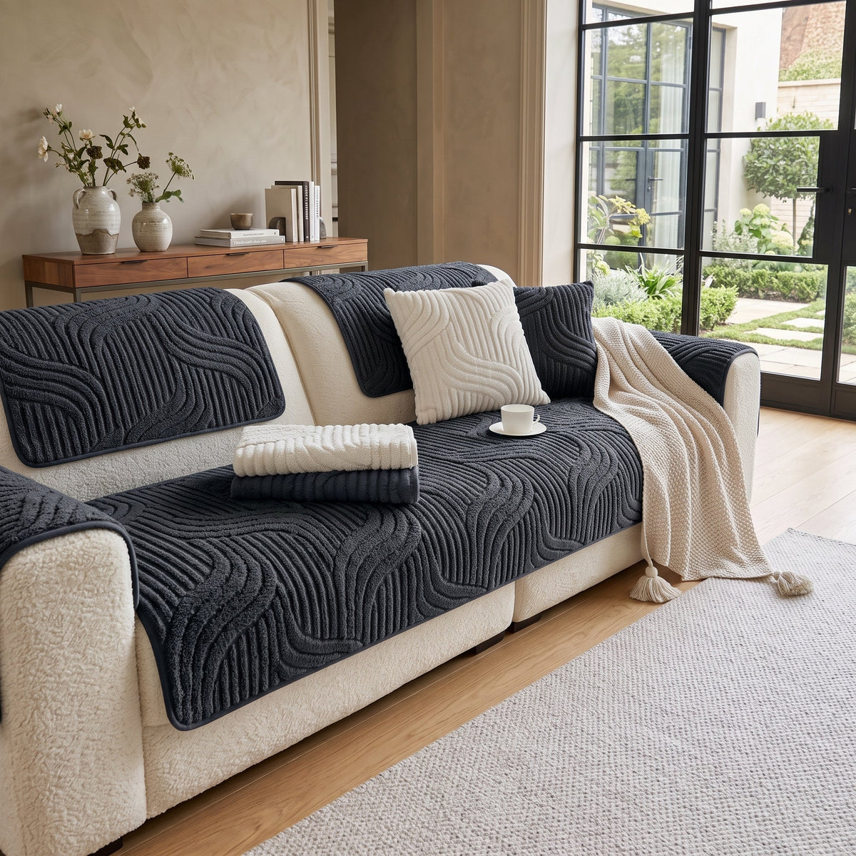 Sofa Cushion Cover Velvet Striped Non-Slip Backing