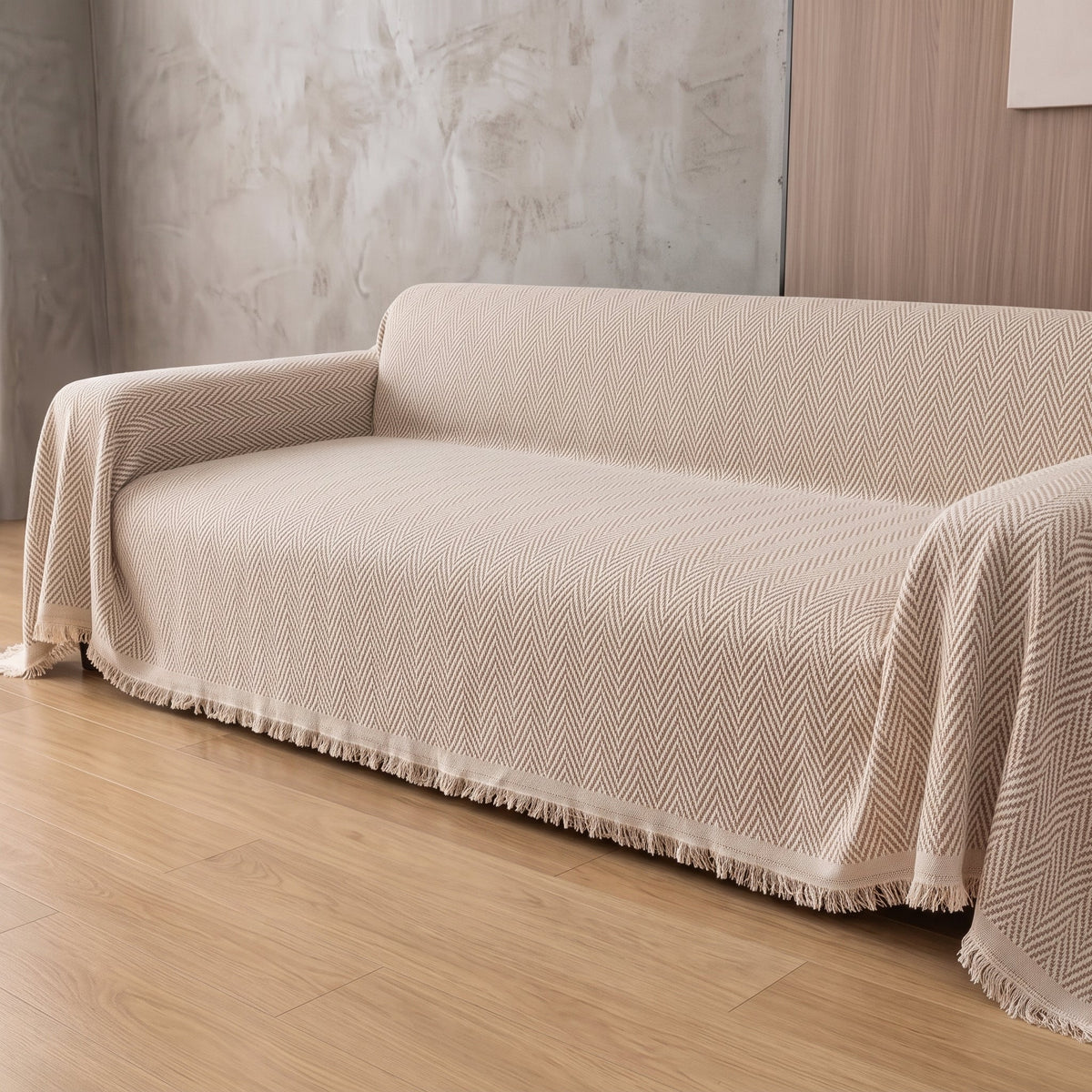 Sofa Throw Cover Chenille Herringbone & Tassel Edge