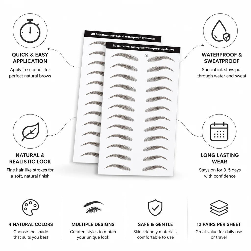 Temporary Eyebrow Tattoos Realistic Hair-Effect Waterproof 12 Pairs
