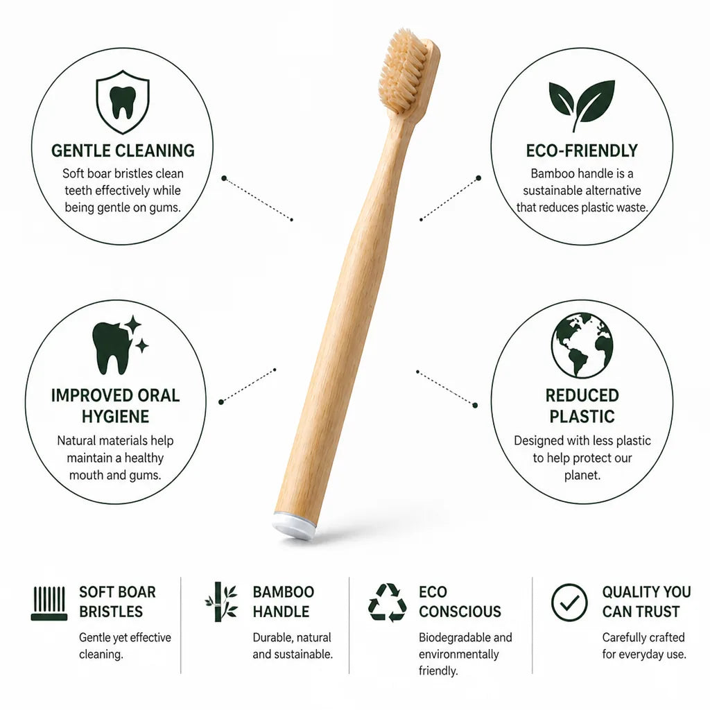 Toothbrush Bamboo Handle Soft Boar Bristles Reduced Plastic