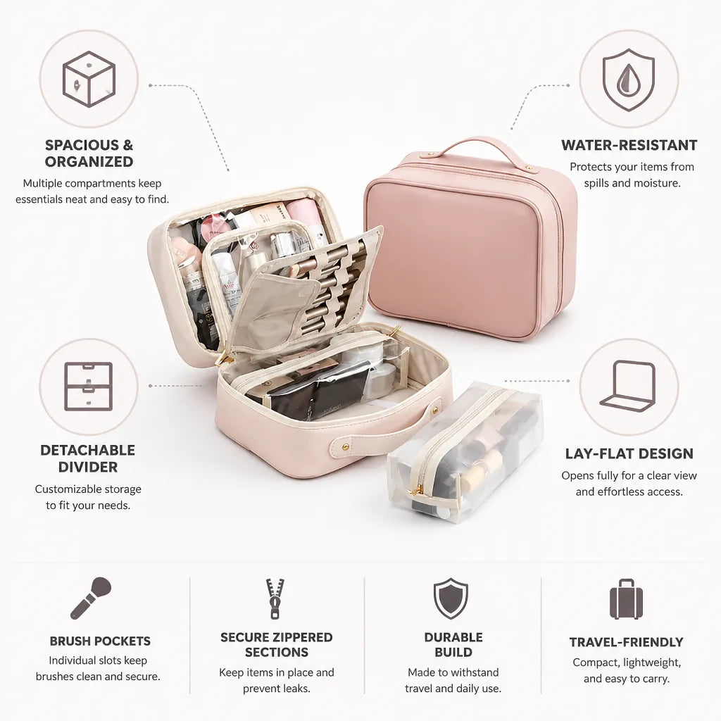 Travel Toiletry Bag Lay-Flat Water-Resistant Detachable Divider
