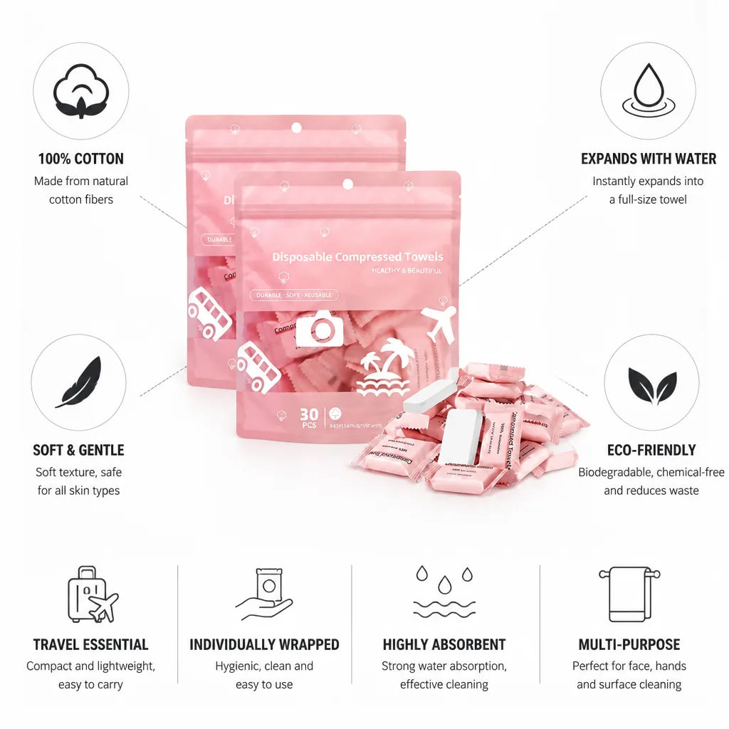 Travel Towel Tablets Expandable 100% Cotton Individually Wrapped
