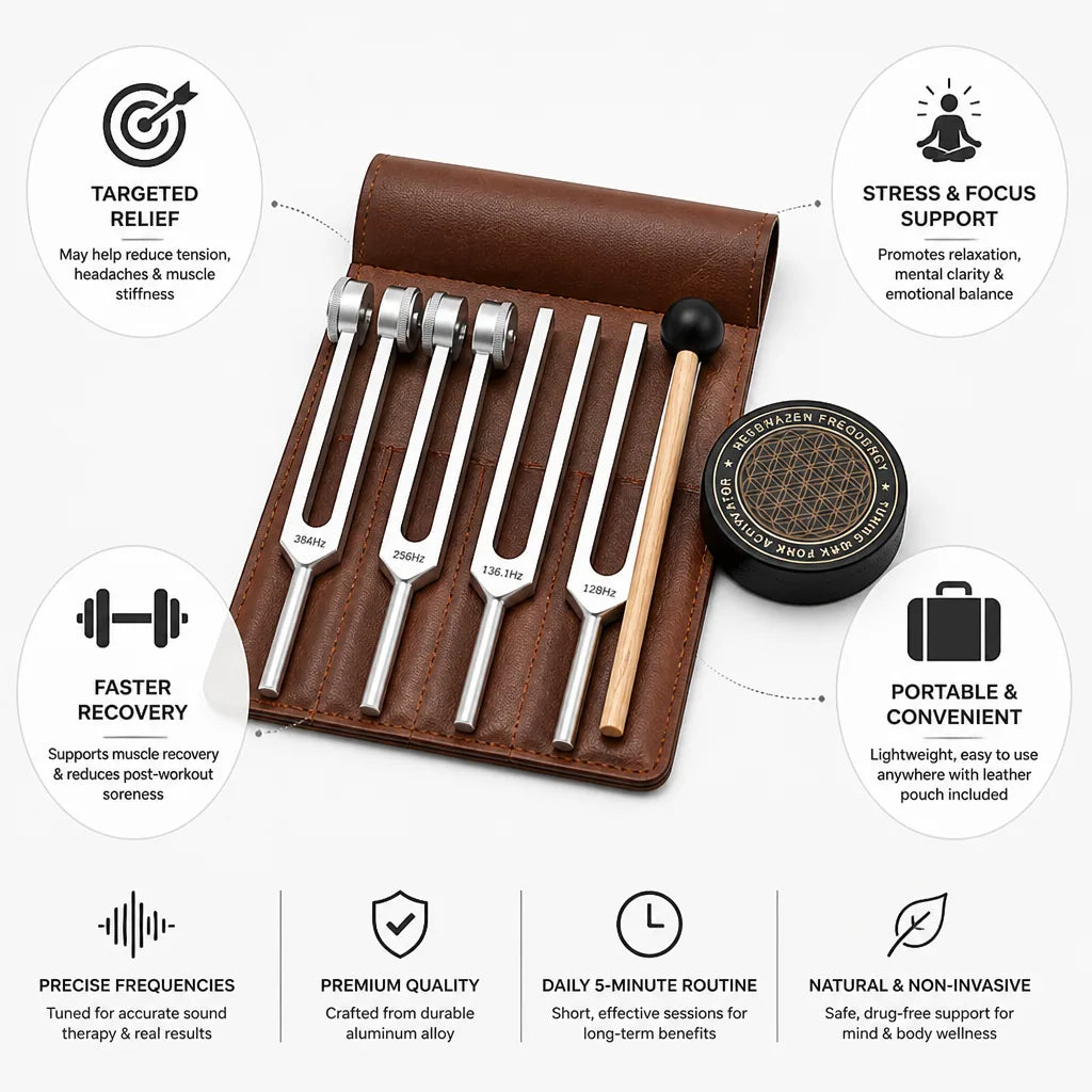 Tuning Fork Set Aluminum Precision Frequencies Leather Pouch