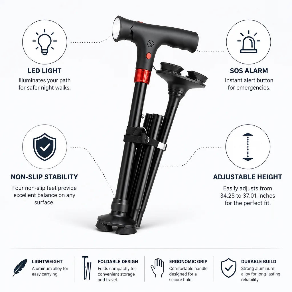 Walking Cane Non-Slip Base LED Light & SOS Alarm
