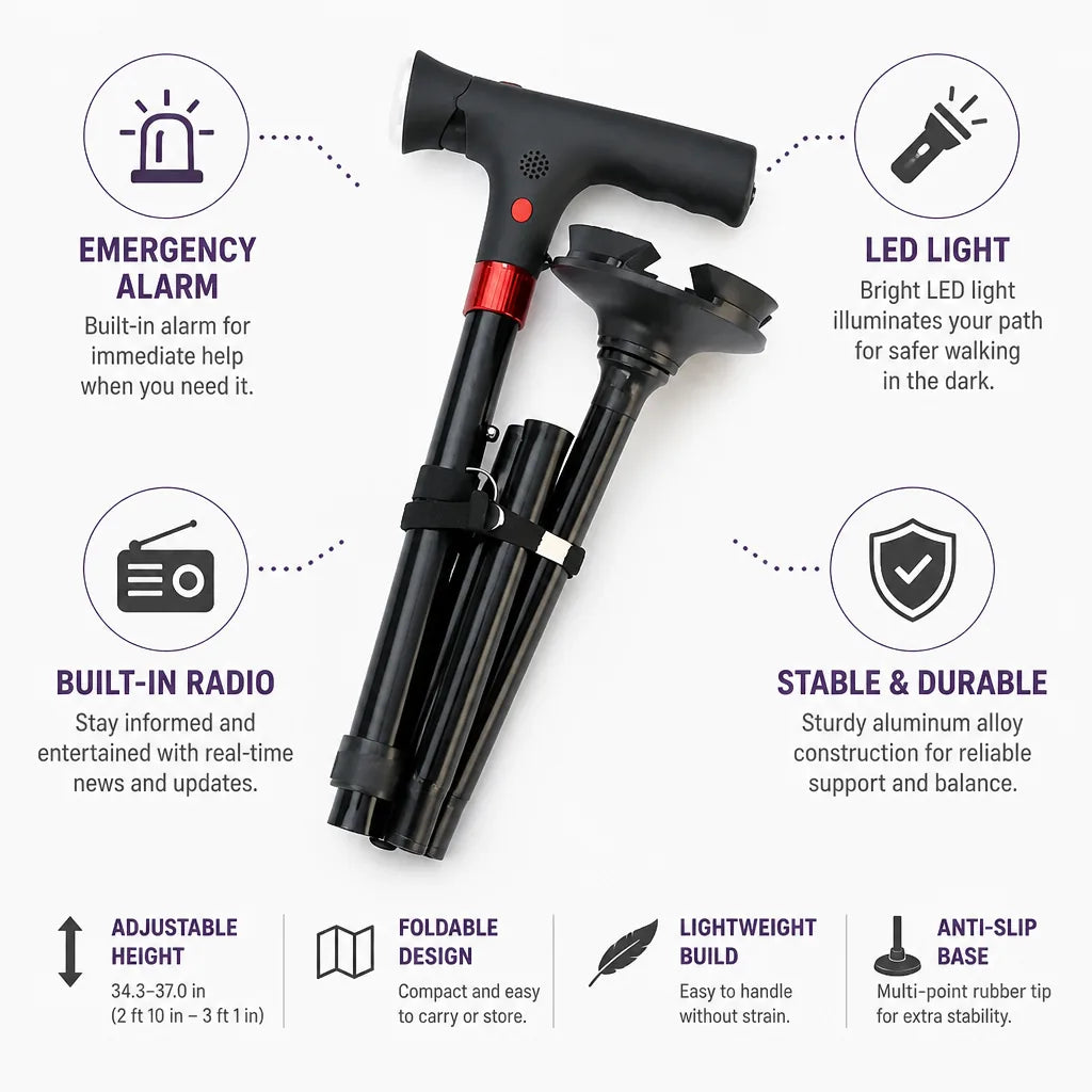 Walking Cane Telescopic LED Light & Emergency Alarm