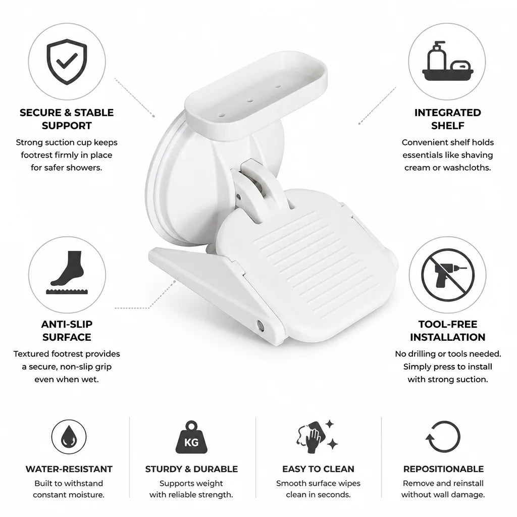 Wall-Mounted Shower Footrest Suction Cup Anti-Slip Shelf