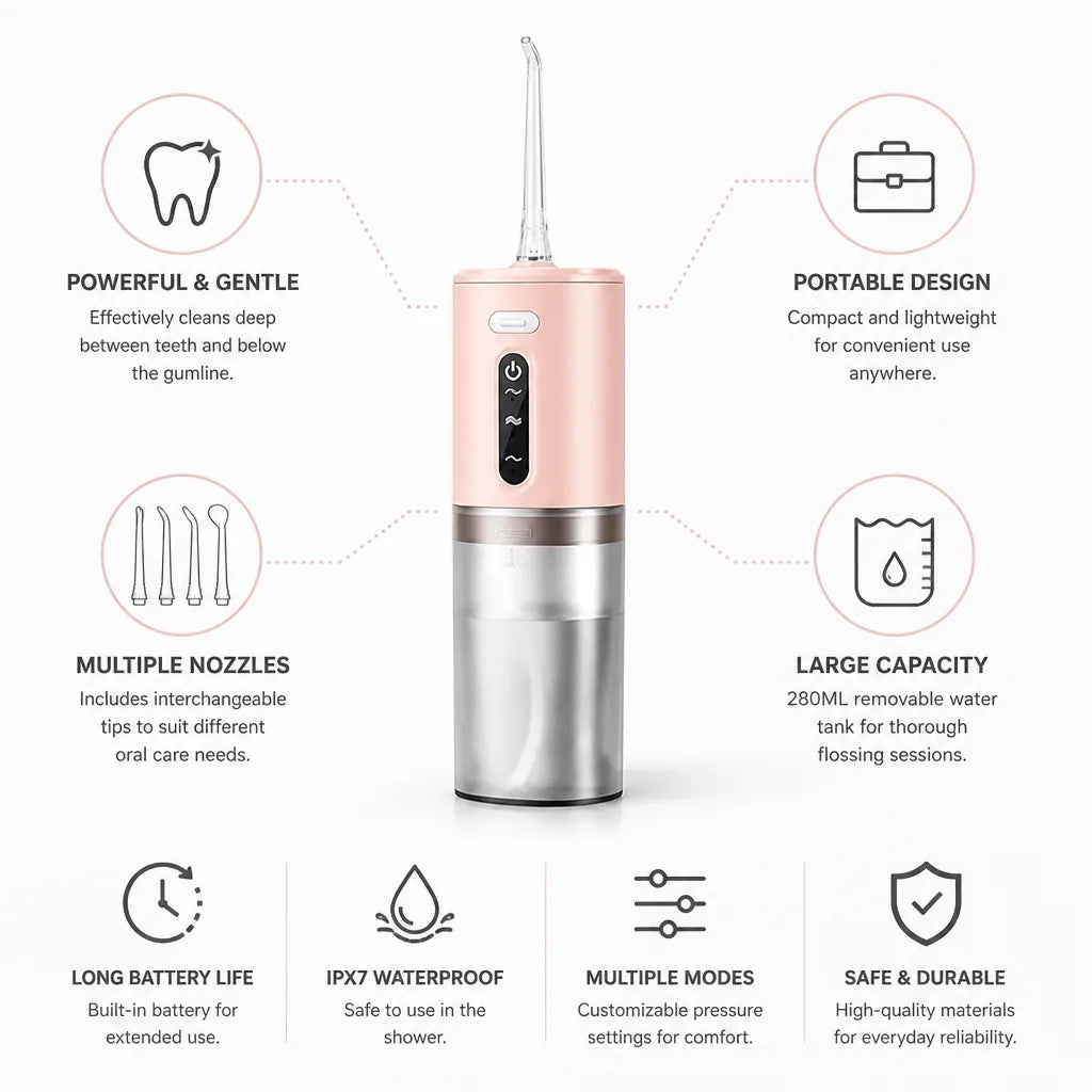 Water Flosser Portable Powerful & Gentle Interchangeable Nozzles