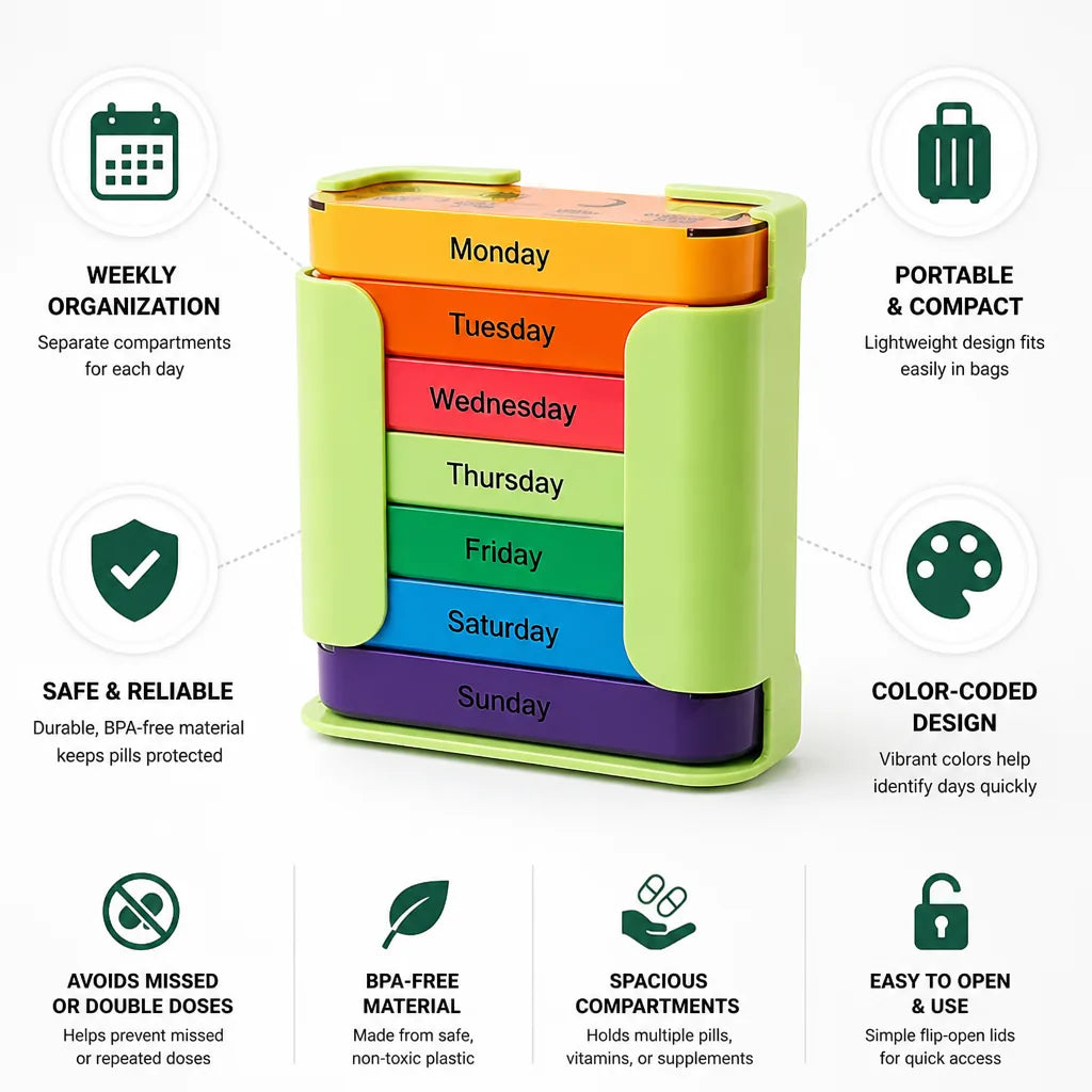 Weekly Pill Organizer Color-Coded & Portable
