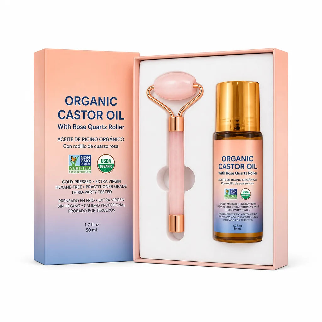 Facial Massage Set Rose Quartz Roller & Organic Castor Oil
