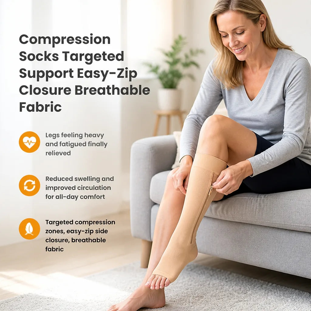 Compression Socks Targeted Support Easy-Zip Closure Breathable Fabric