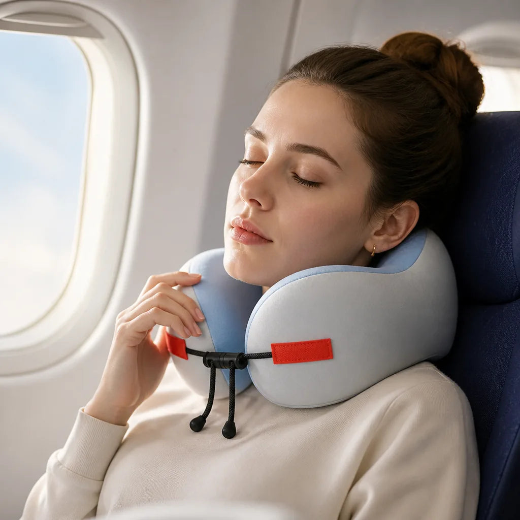 Travel Neck Pillow Contoured Memory Foam Adjustable Fit