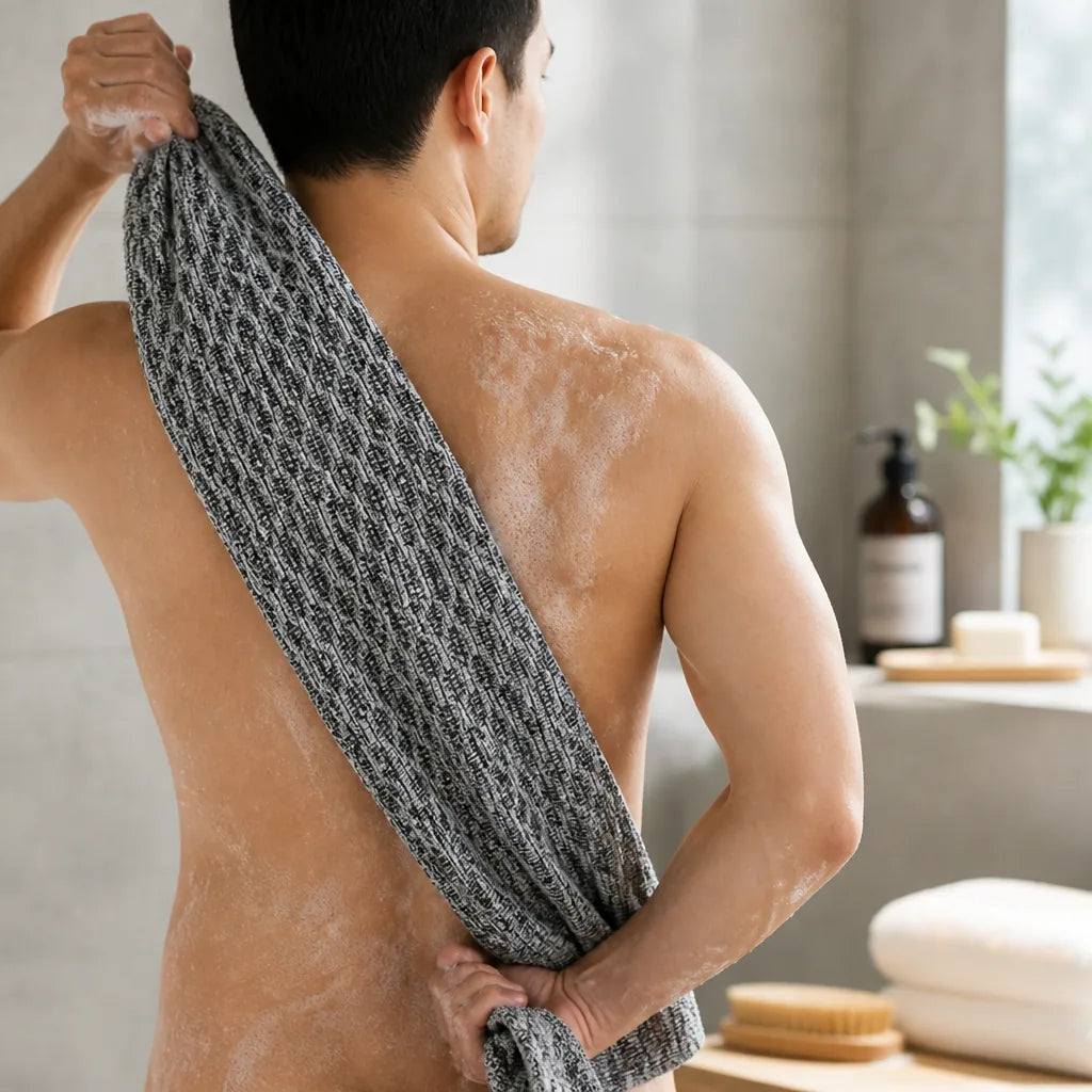 Exfoliating Shower Towel Duo-Weave Bamboo Charcoal & Silver-Ion 40 Inch