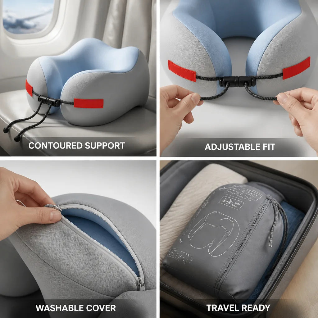 Travel Neck Pillow Contoured Memory Foam Adjustable Fit