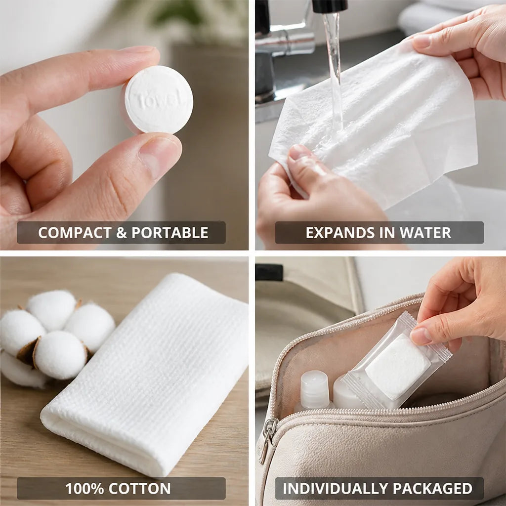 Compressed Travel Towel Pocket-Sized 100% Cotton Expands With Water