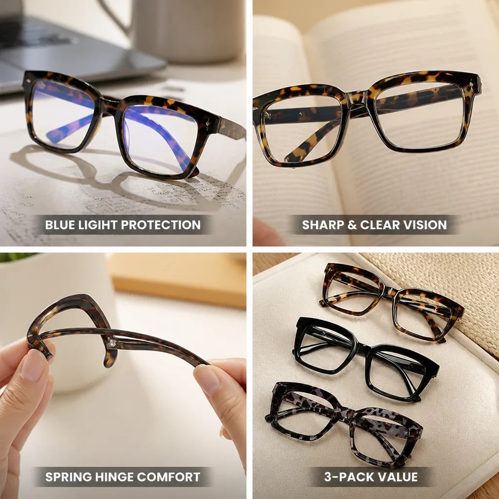 Reading Glasses Set Oversized Square Blue Light Blocking 3-Pack