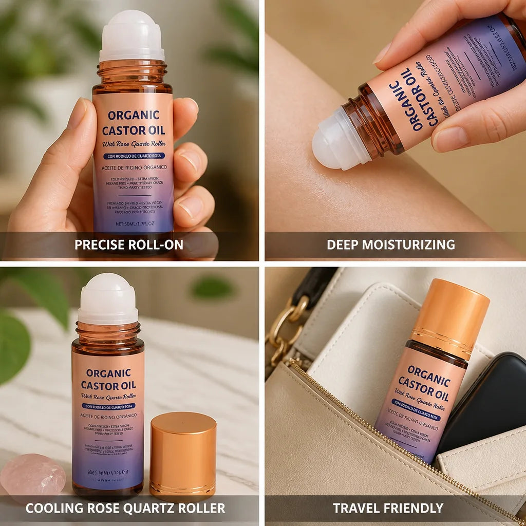 Castor Oil Roll-On 100% Pure Rose Quartz Roller