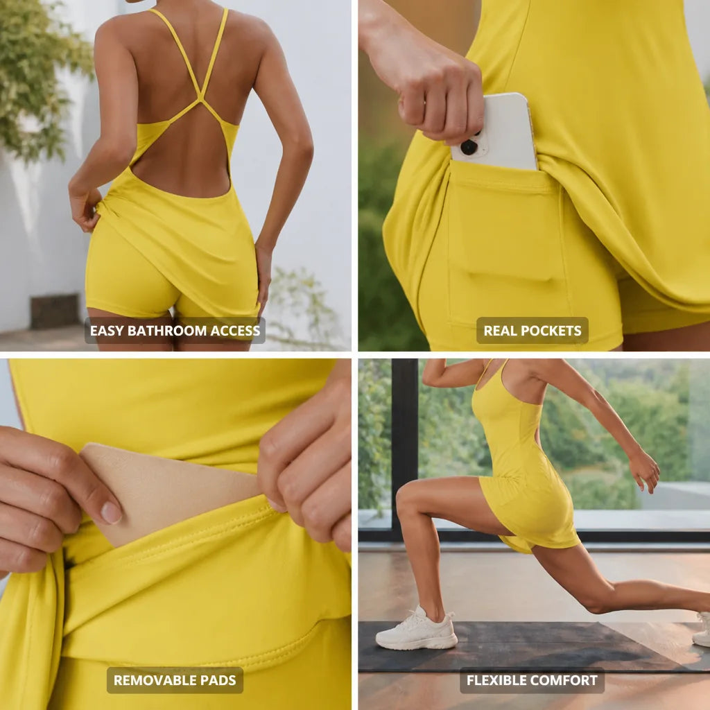 Sports Dress Backless Built-In Shorts & Pockets