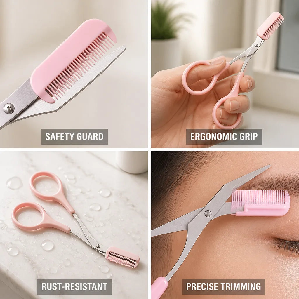 Eyebrow Scissors Stainless Steel Ergonomic Handle & Safety Comb