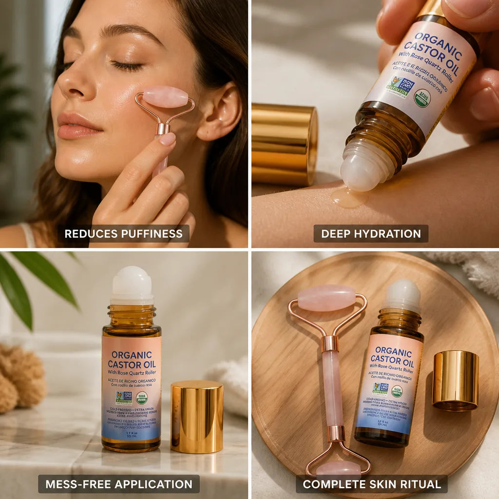 Facial Massage Set Rose Quartz Roller & Organic Castor Oil