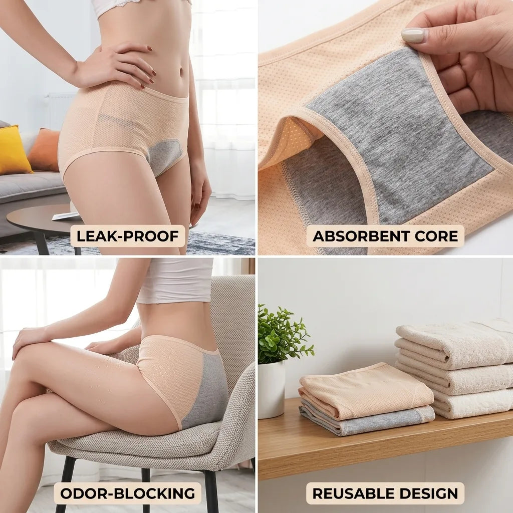 Period Underwear Multi-Layer Absorbent Odor-Blocking Reusable