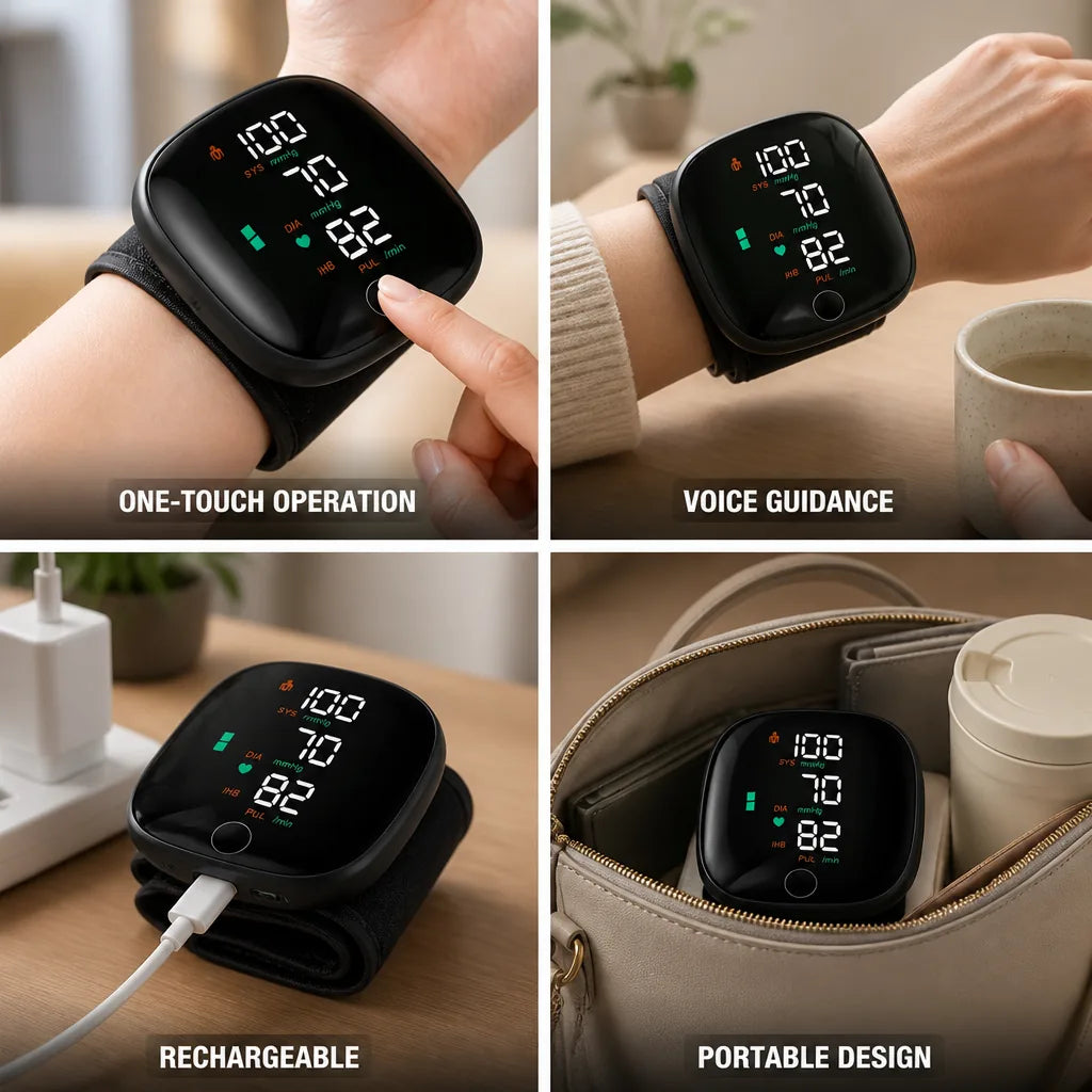 Wrist Blood Pressure Monitor Voice-Guided One-Touch Rechargeable