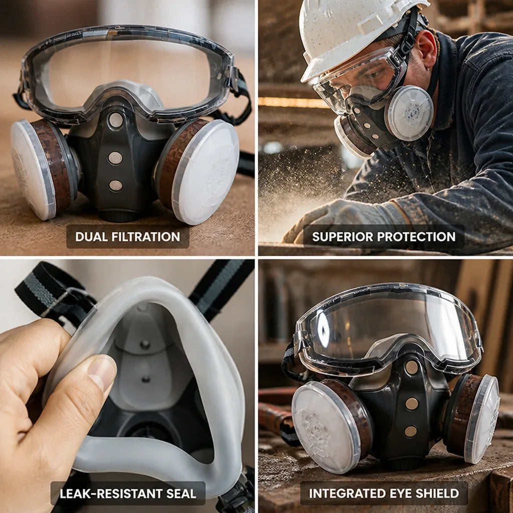Respirator Mask Dual Activated Carbon Filters Integrated Eye Shield