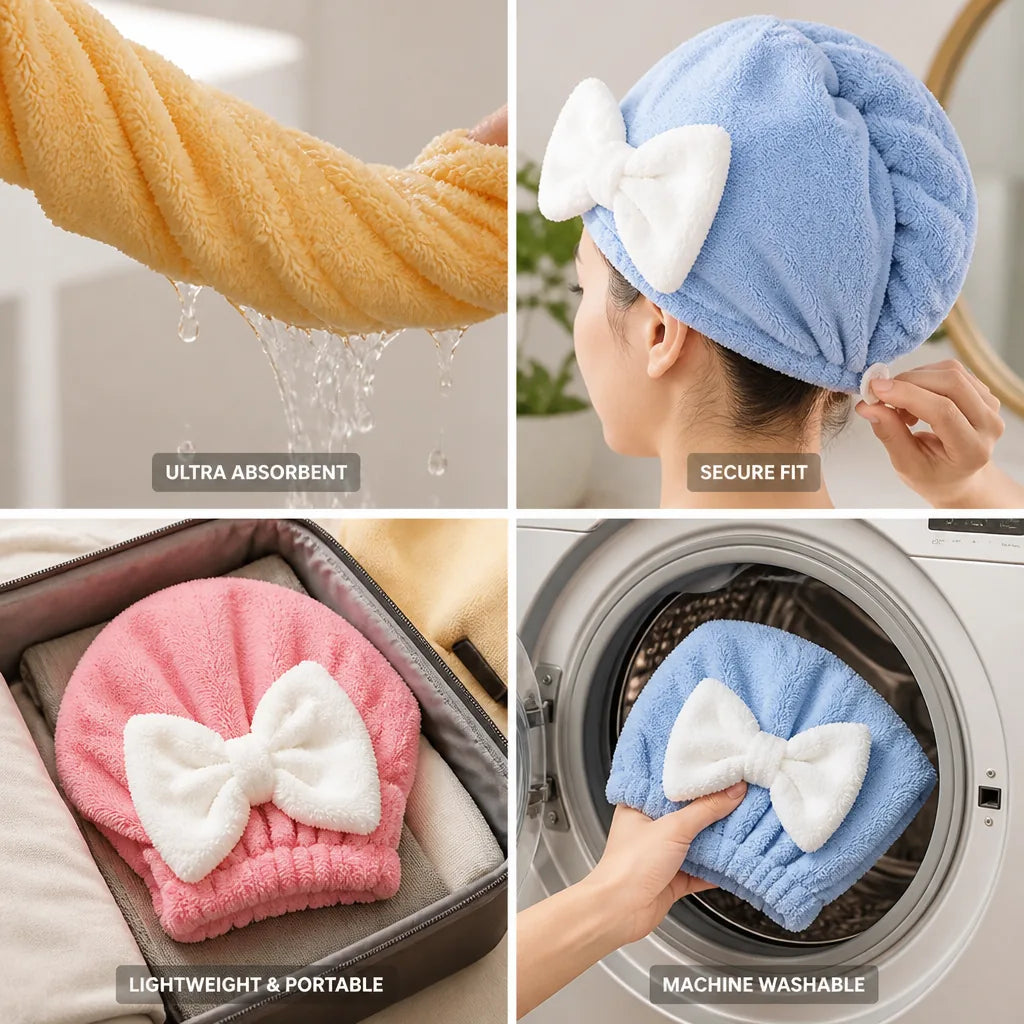 Hair Drying Cap Microfiber Quick-Dry Button-Loop