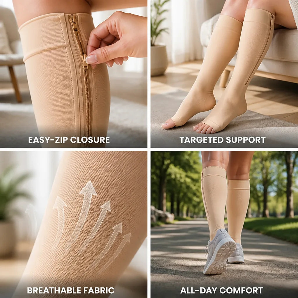 Compression Socks Targeted Support Easy-Zip Closure Breathable Fabric