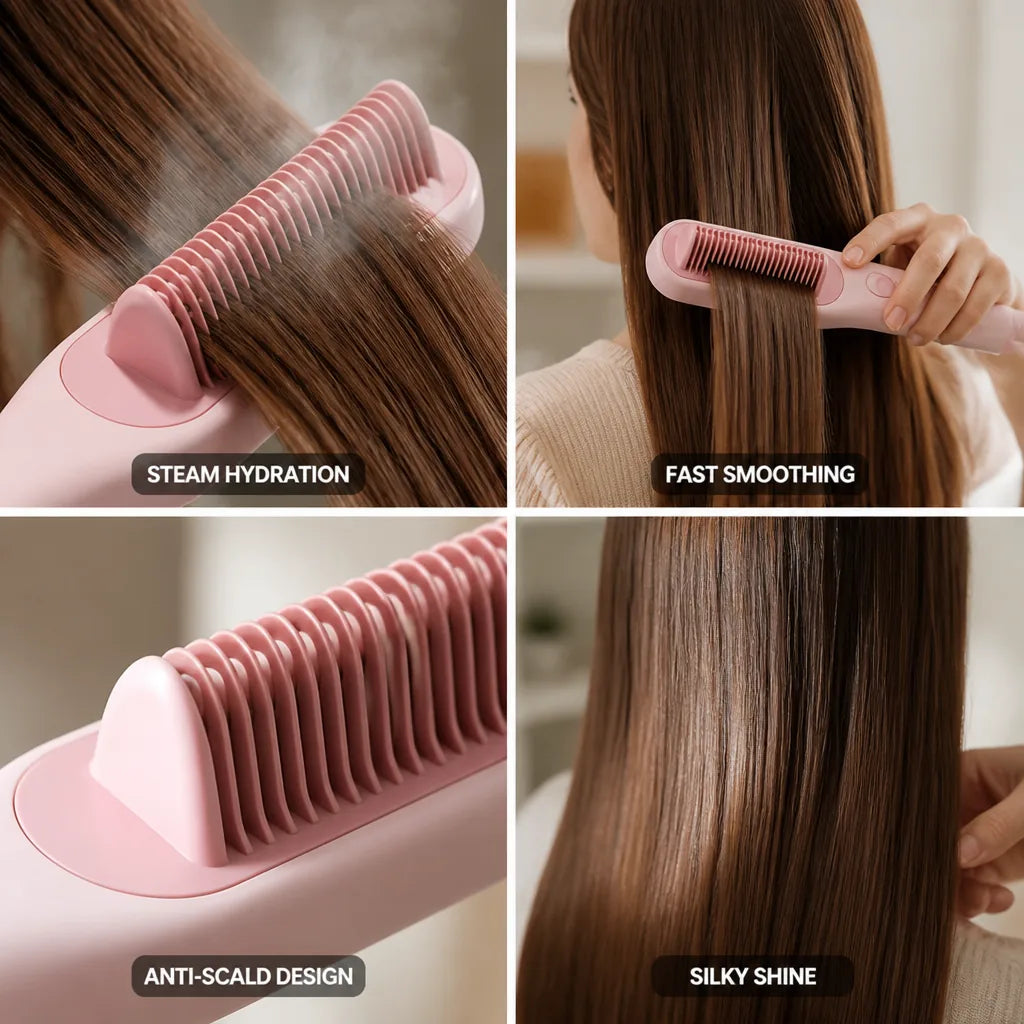 Steam Straightening Brush 3-in-1 Hydro-Infusion Anti-Scald