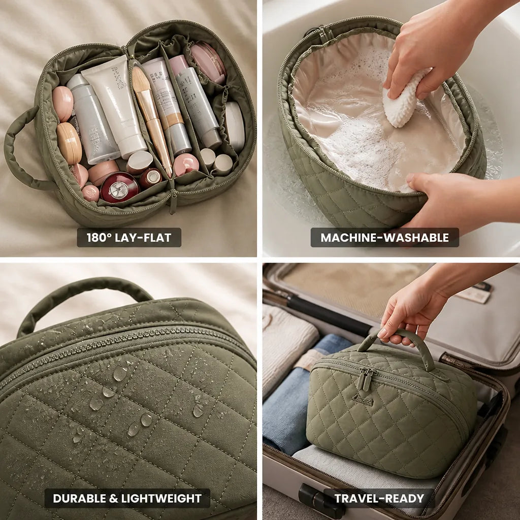 Travel Makeup Bag 180° Lay-Flat & Machine-Washable Lining