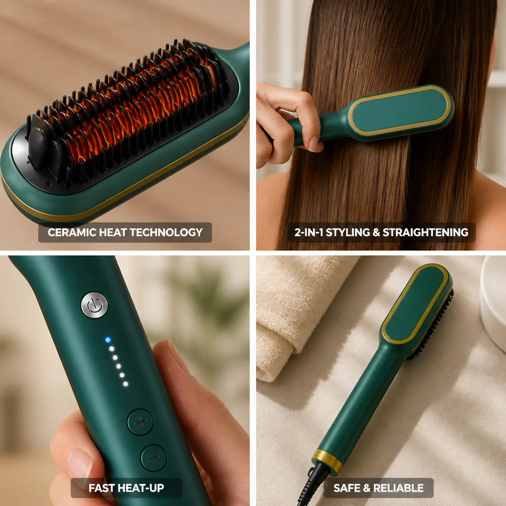 Hair Straightening Brush 2-in-1 Styling & Ceramic-Coated Bristles