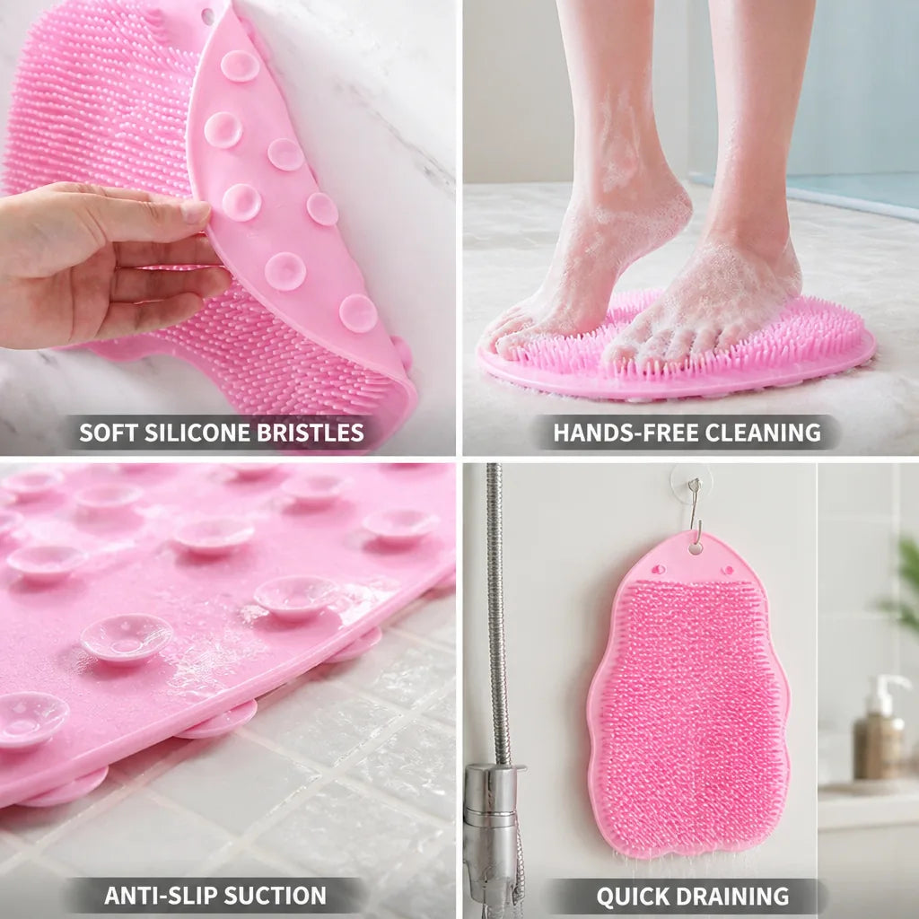 Shower Foot Scrubber Mat Silicone Bristles Hands-Free Anti-Slip