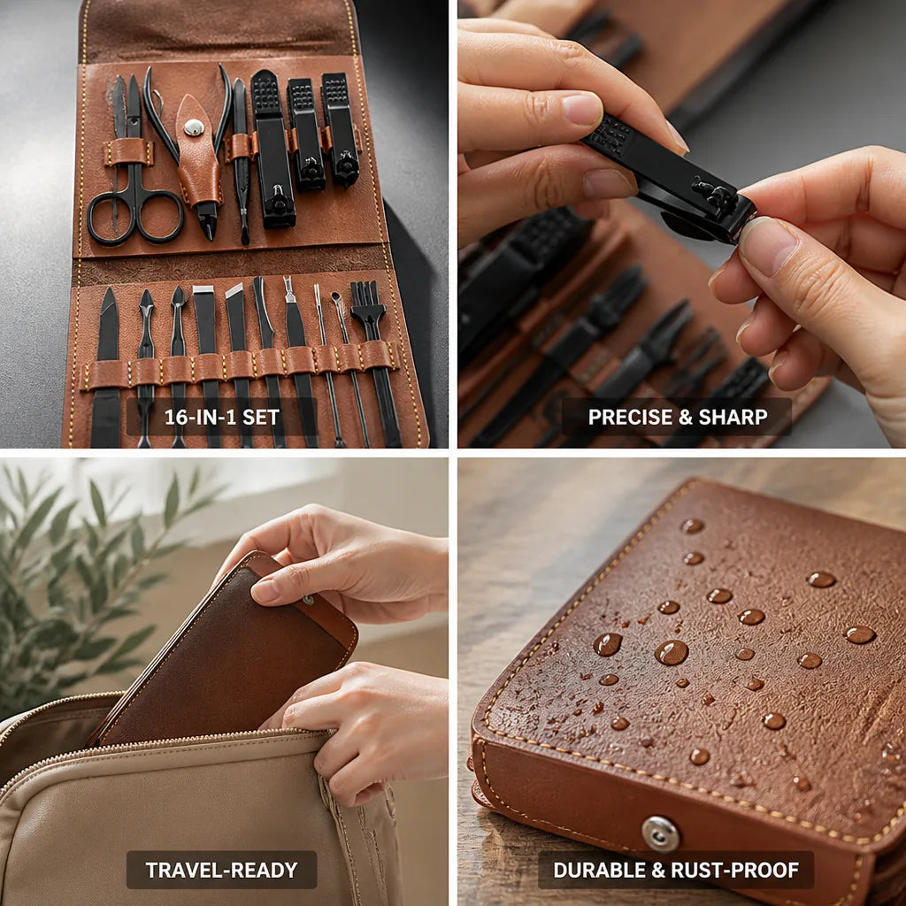 Manicure Kit 16-in-1 Medical-Grade Stainless Steel Leather Case