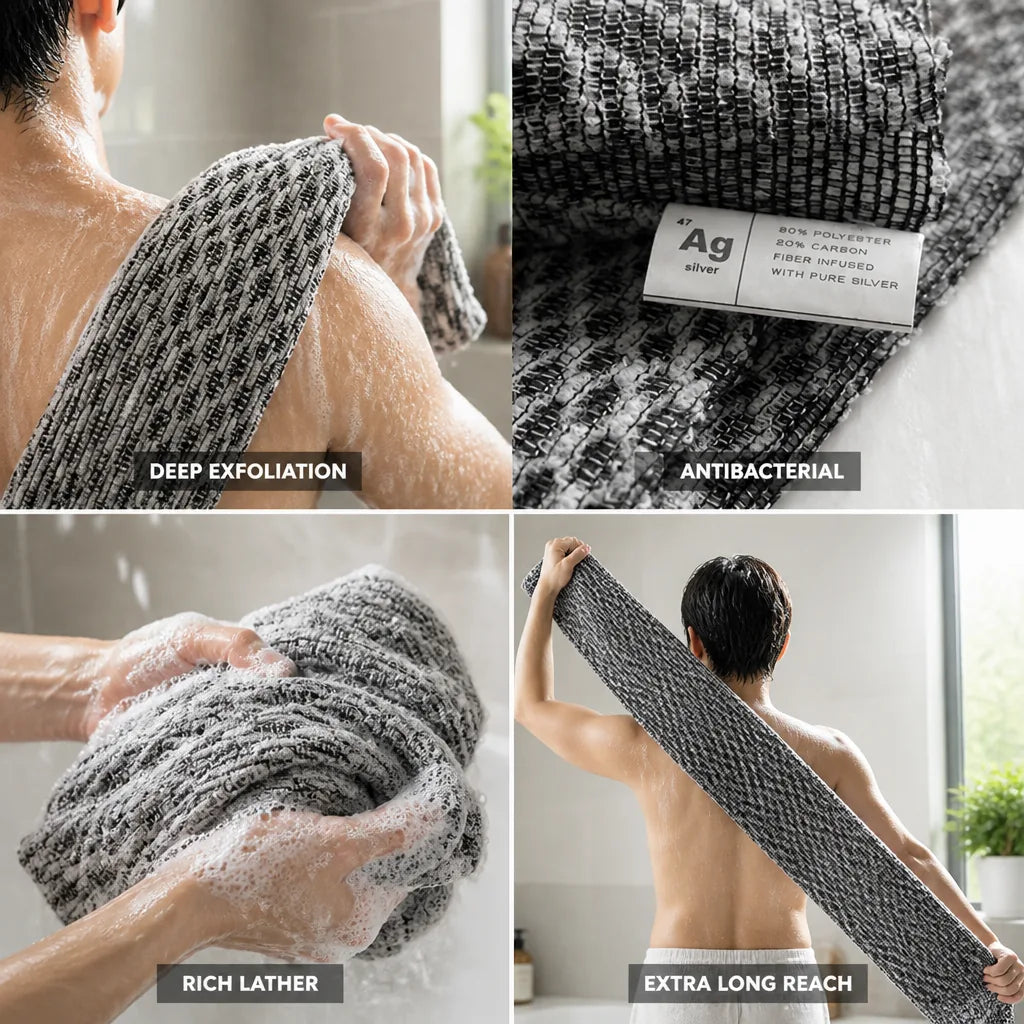 Exfoliating Shower Towel Duo-Weave Bamboo Charcoal & Silver-Ion 40 Inch