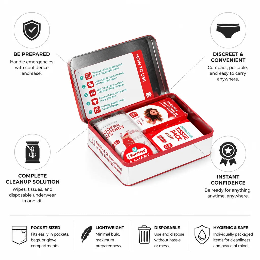 Personal Emergency Kit Pocket-Sized Tin Wipes & Disposable Underwear