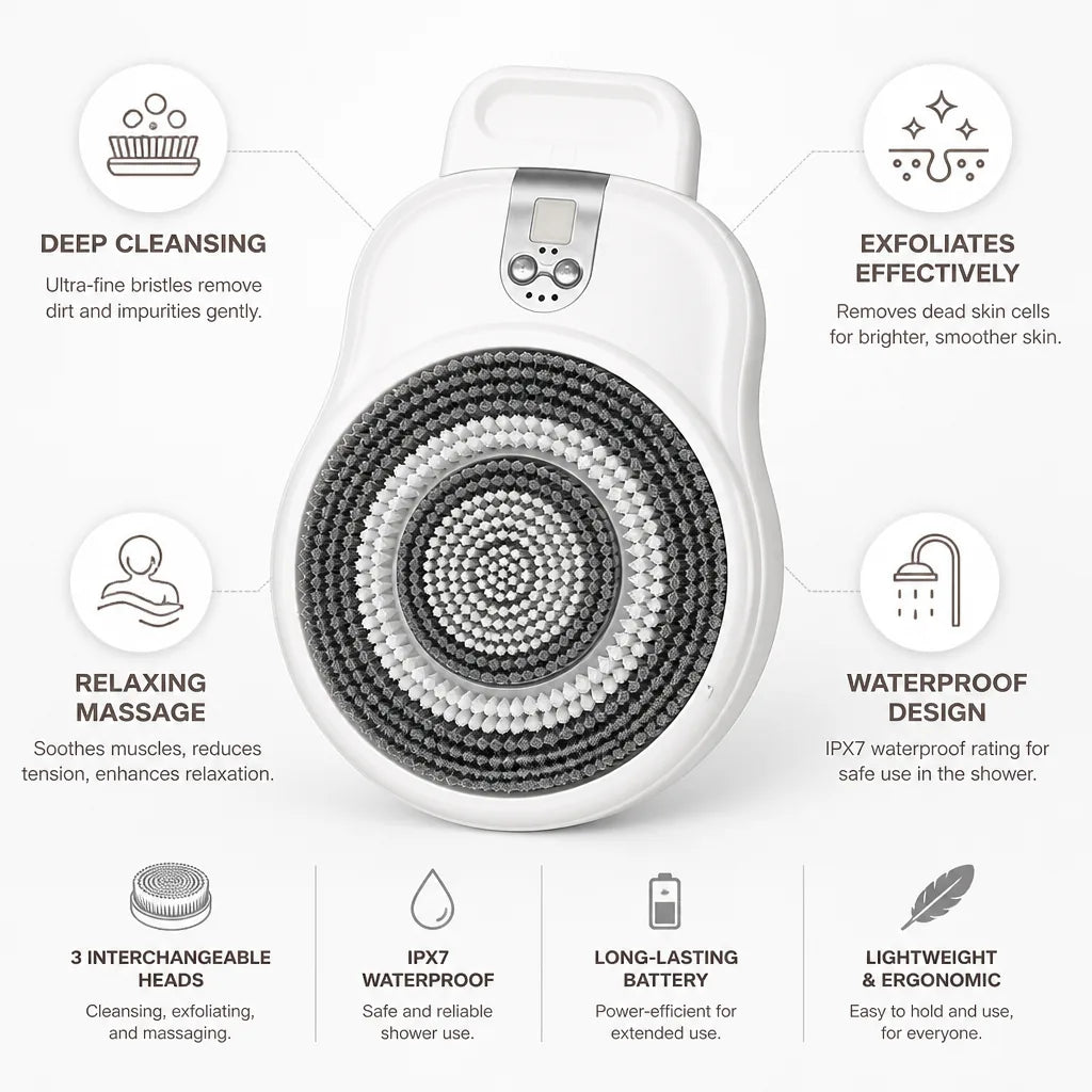 Electric Shower Brush Rotating Exfoliating & Massaging 3 Heads