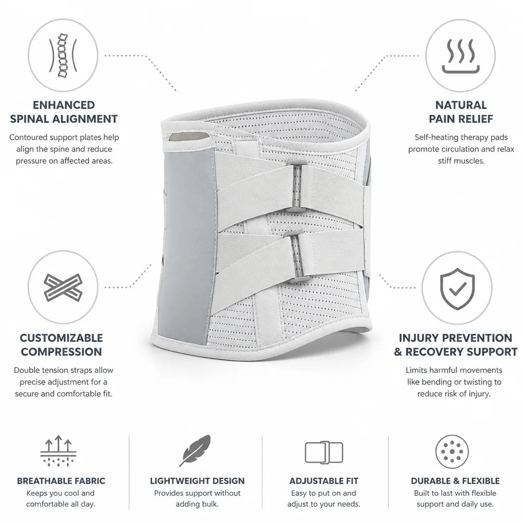Lumbar Support Belt Contoured Steel Plates & Self-Heating Pads