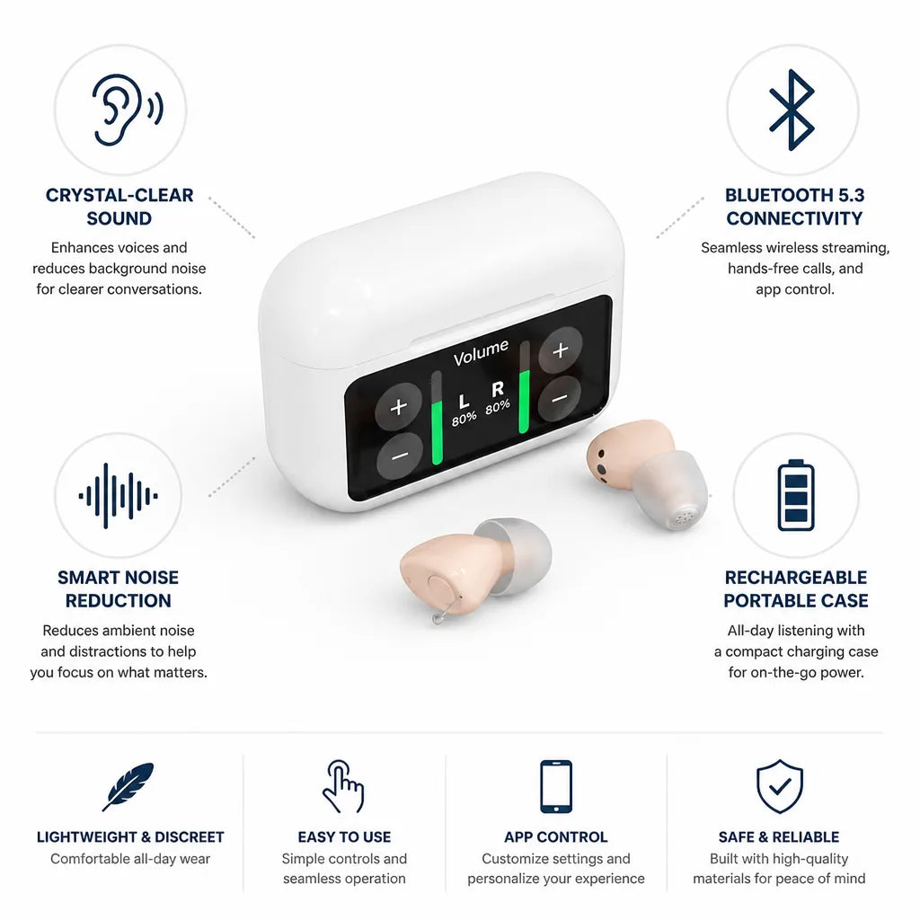 Hearing Aids Smart Noise Reduction Bluetooth 5.3 Rechargeable Case