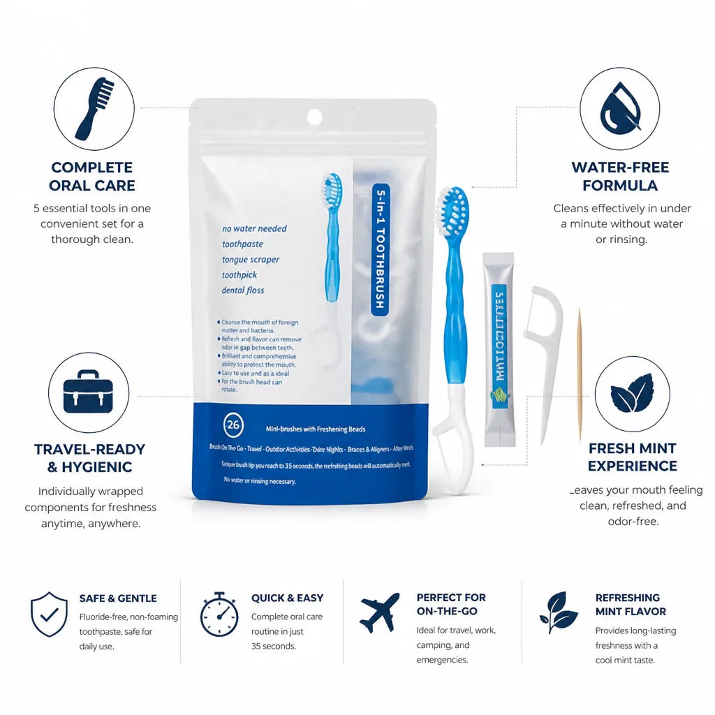 Travel Oral Care Kit 5-in-1 Water-Free Individually Wrapped