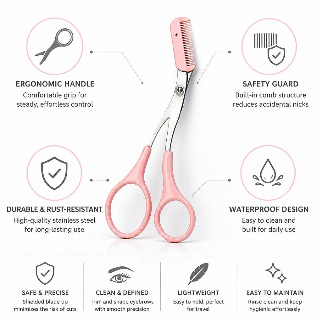 Eyebrow Scissors Stainless Steel Ergonomic Handle & Safety Comb