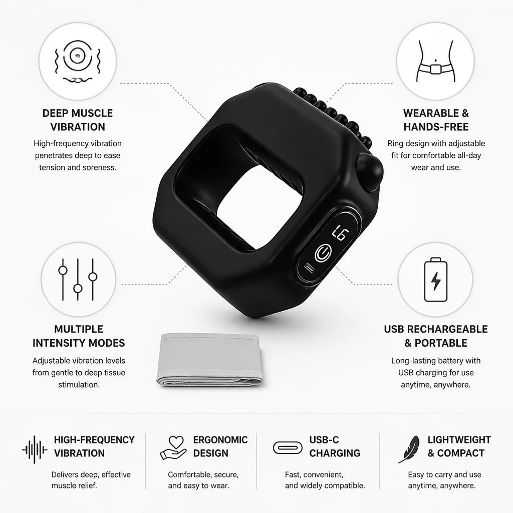 Wearable Massage Ring Deep Vibration USB Rechargeable Adjustable Fit
