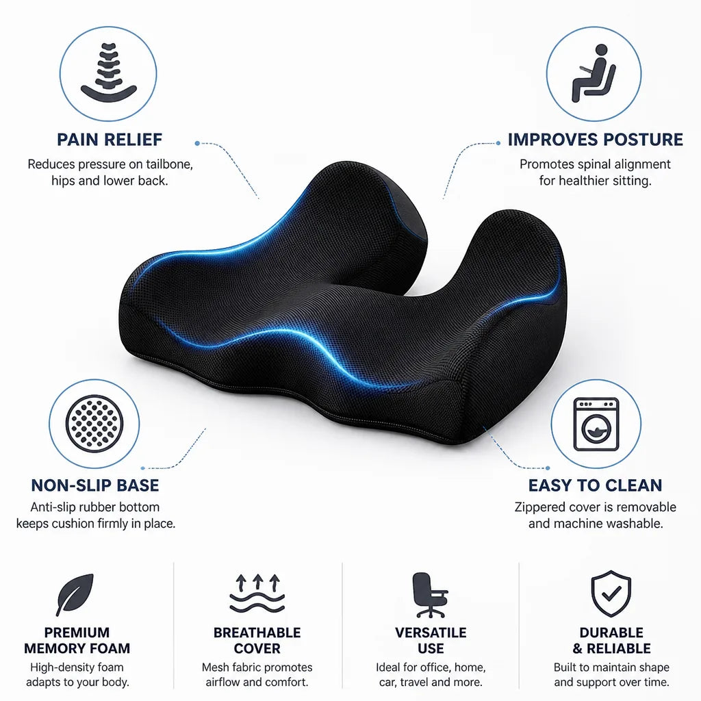 Seat Cushion Orthopedic Memory Foam Non-Slip Base