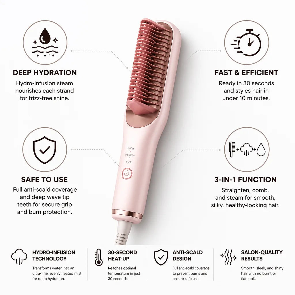 Steam Straightening Brush 3-in-1 Hydro-Infusion Anti-Scald