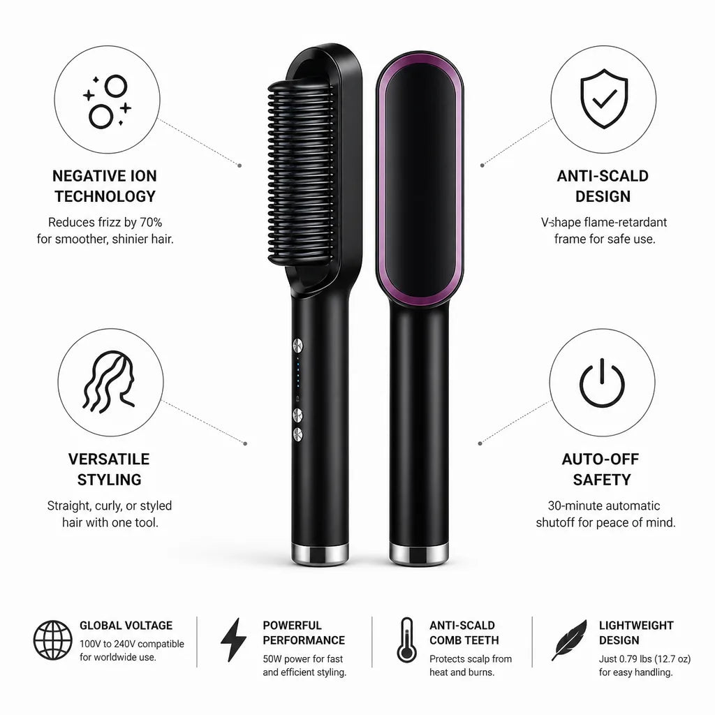 Hair Styling Comb Negative Ion Anti-Frizz 30-Min Auto-Off