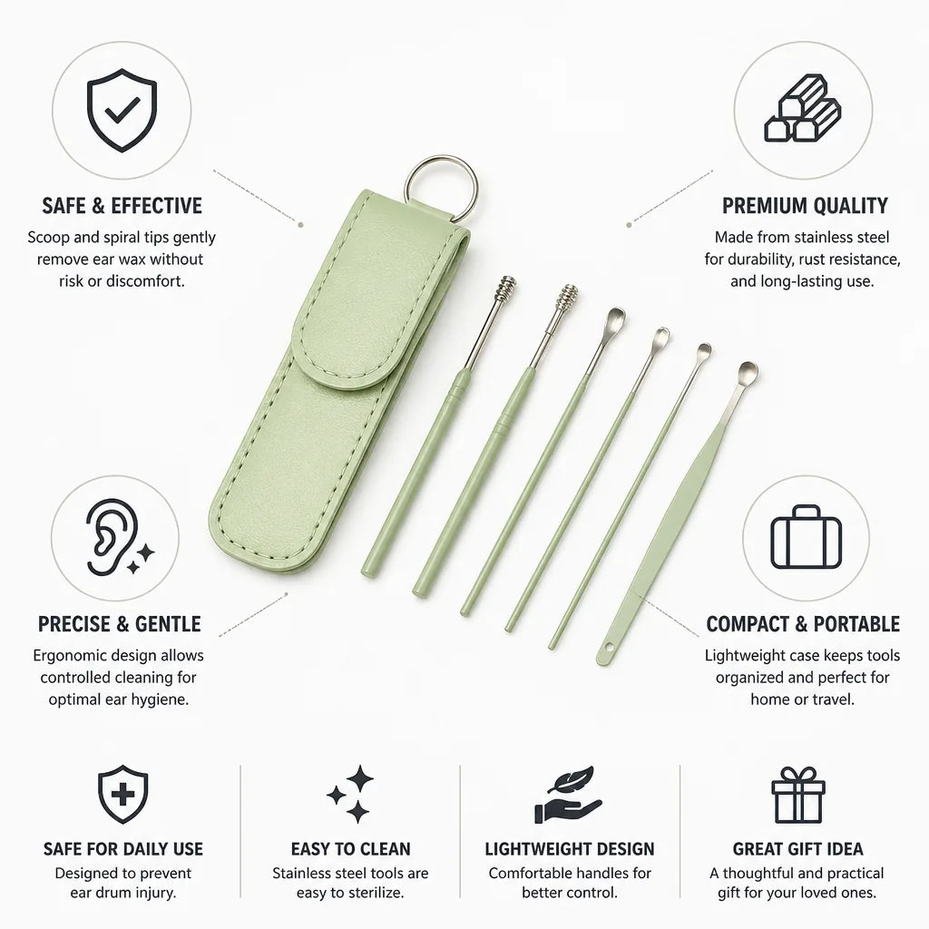 Ear Cleaning Kit Stainless Steel Scoop & Spiral Tips